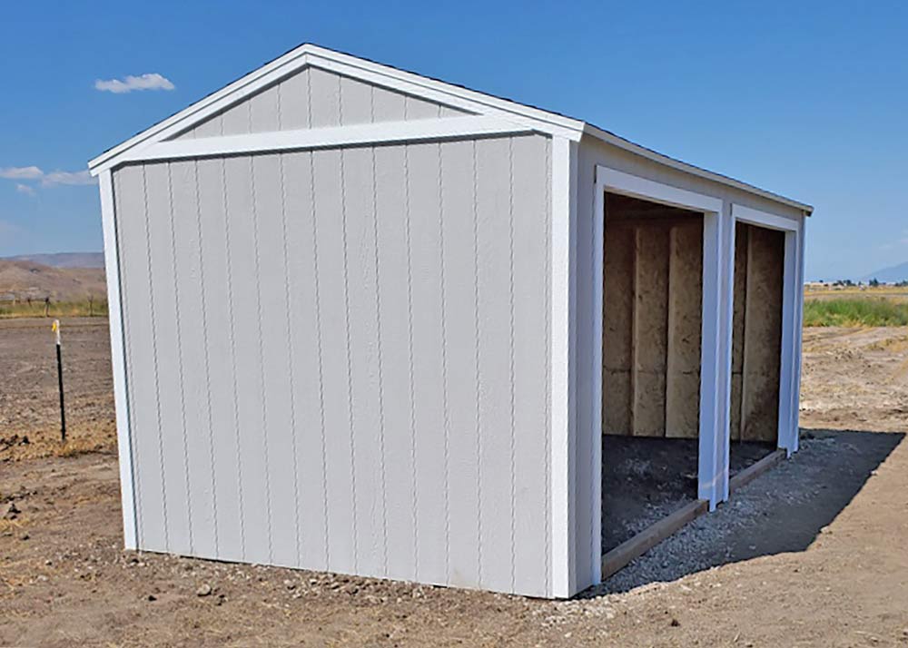 A 10 foot by 20 foot loafing shed with two openings