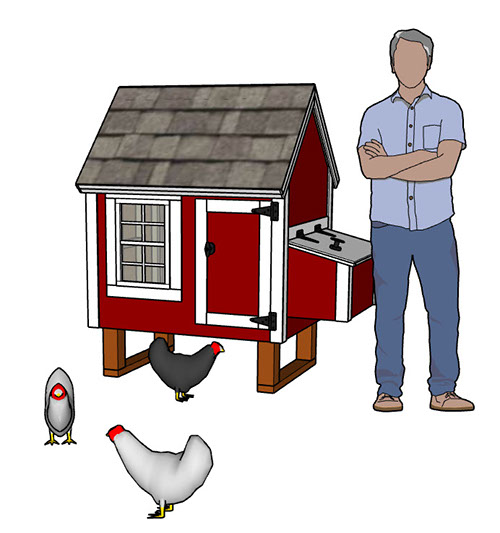 Small Hen Hut Chicken Coop with man and hens
